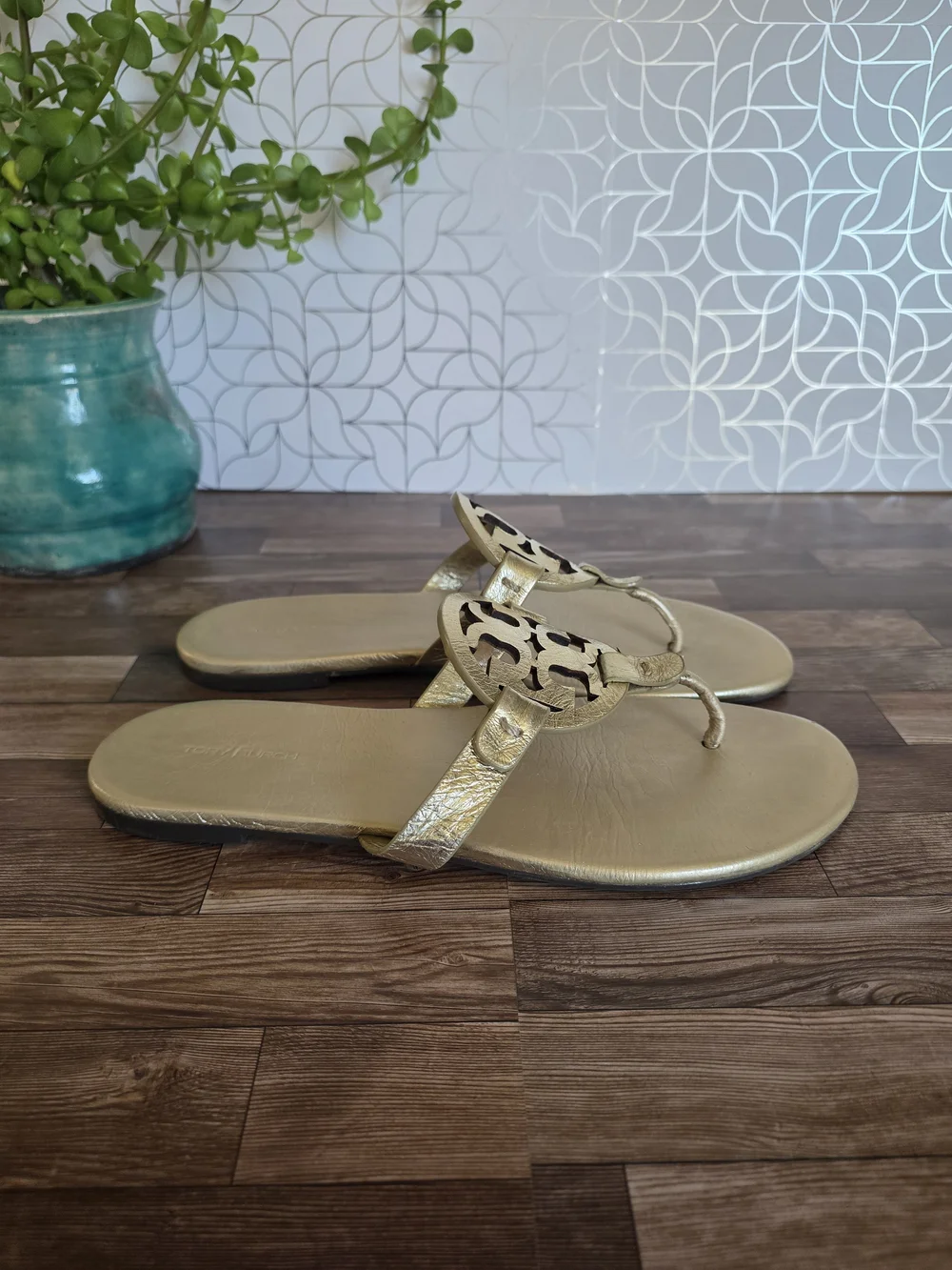 Tory Burch Metallic Gold Logo Thong Sandals
